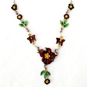 Y2K Flowers & Butterflies Y Necklace Yellow Glass Faceted Stones Silver Chain